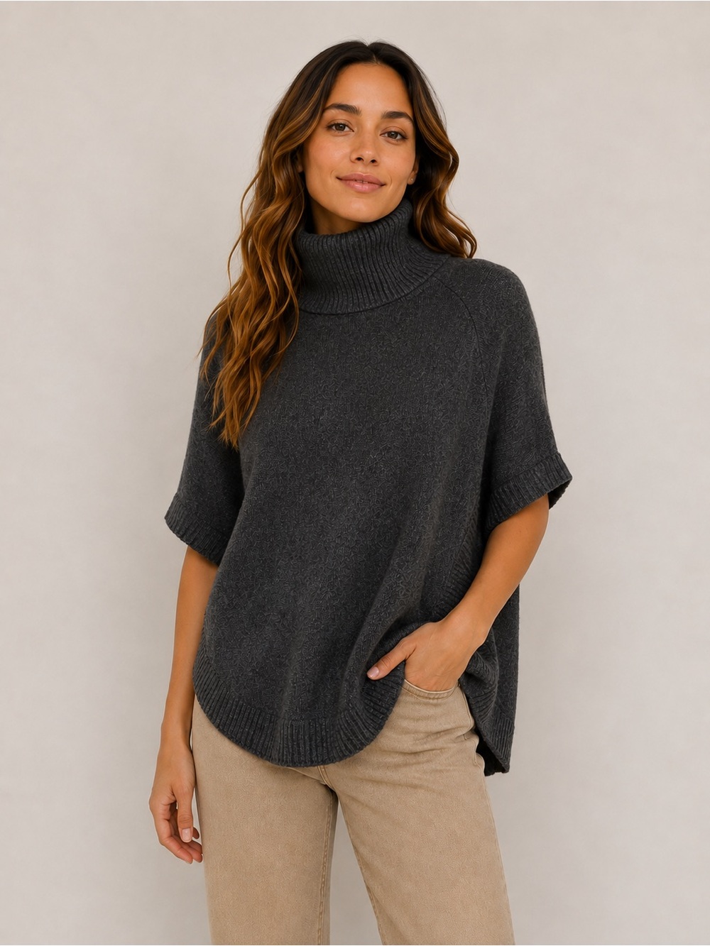 Short-Sleeve Cashmere Sweater Poncho